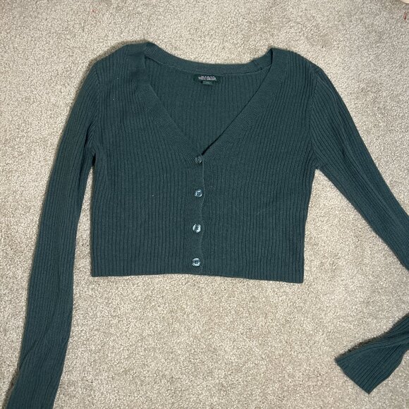 Wild Fable Cropped Button-Front Cardigan Dark Teal XS - Picture 2 of 4